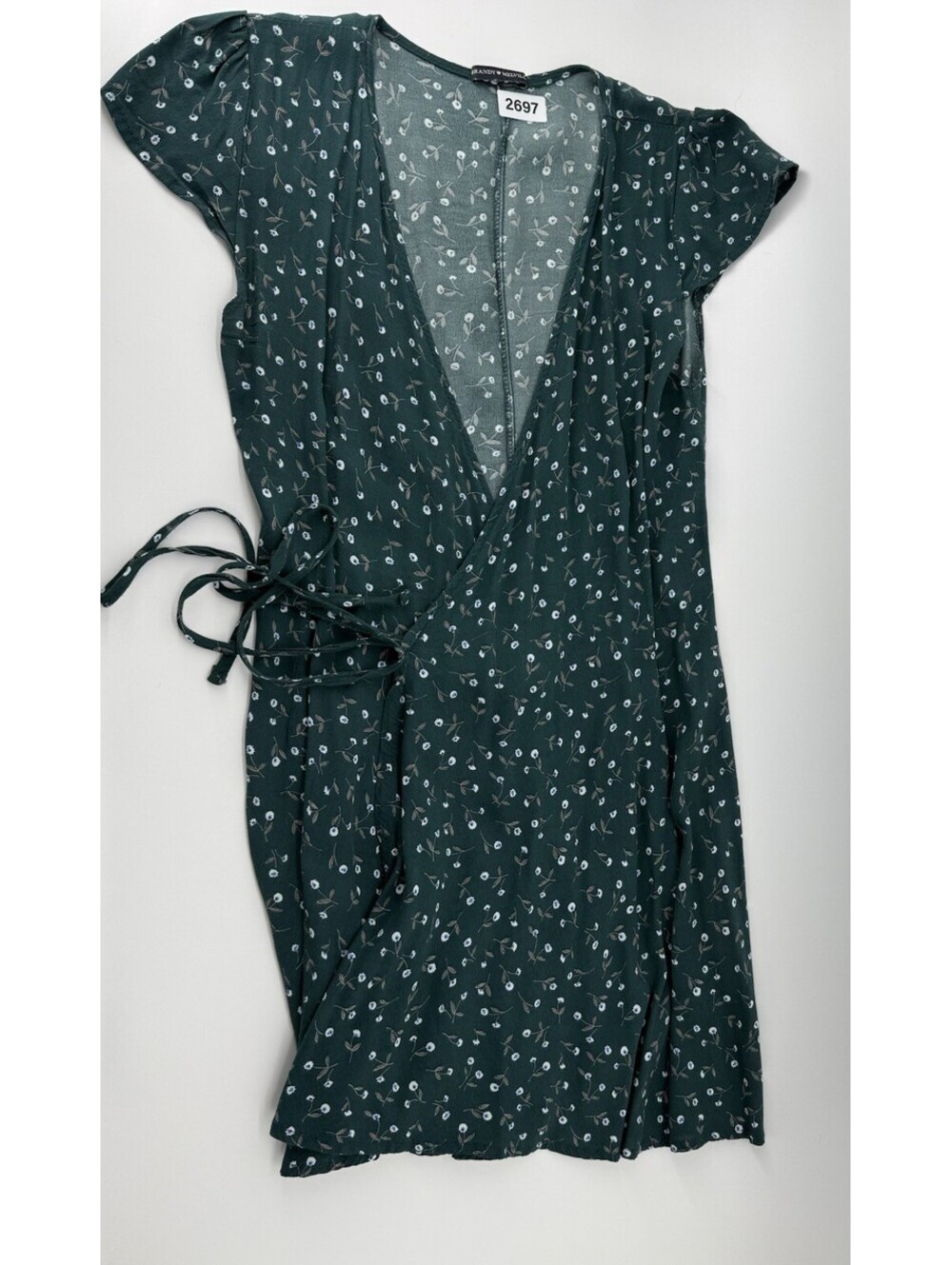 Brandy Melville Green White Floral Print Wrap Dress Tie Waist Mini Short Sleeve